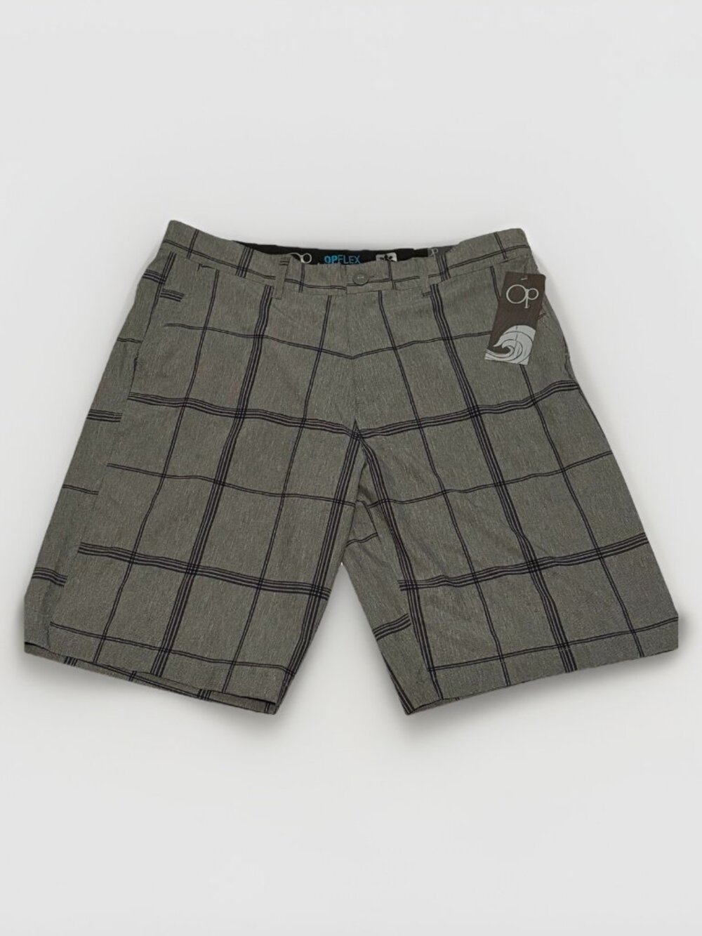 NWT Ocean Pacific OPFlex Men’s Grey Plaid Shorts Size 36 4-Way Stretch Zip Fly
